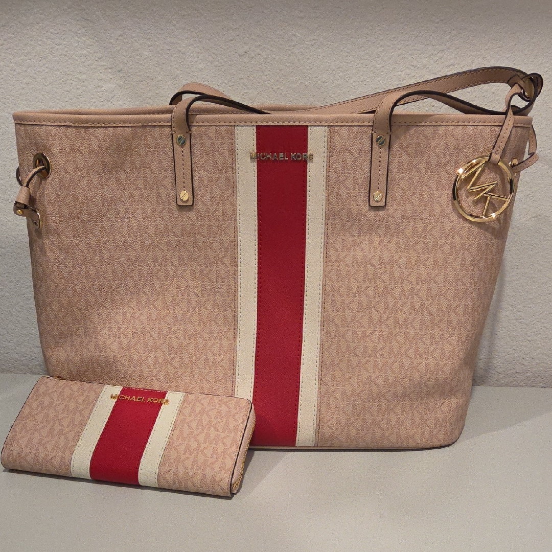 Michael Kors Pink And Red Stripe Tote With Matching Wallet